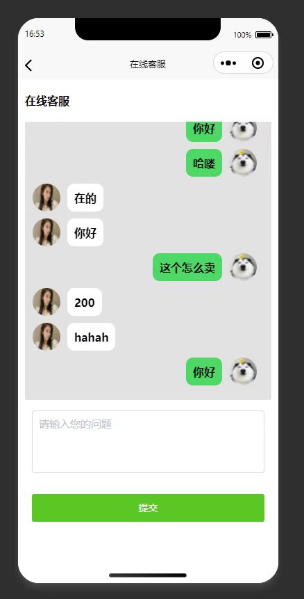 在线客服页：用户和商家在线客服咨询商品相关问题