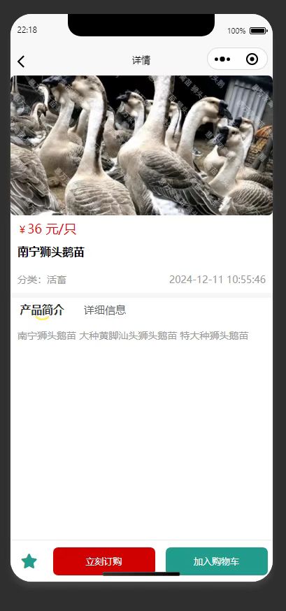 详情页：展示南宁狮头鹅苗商品信息，可订购或加购