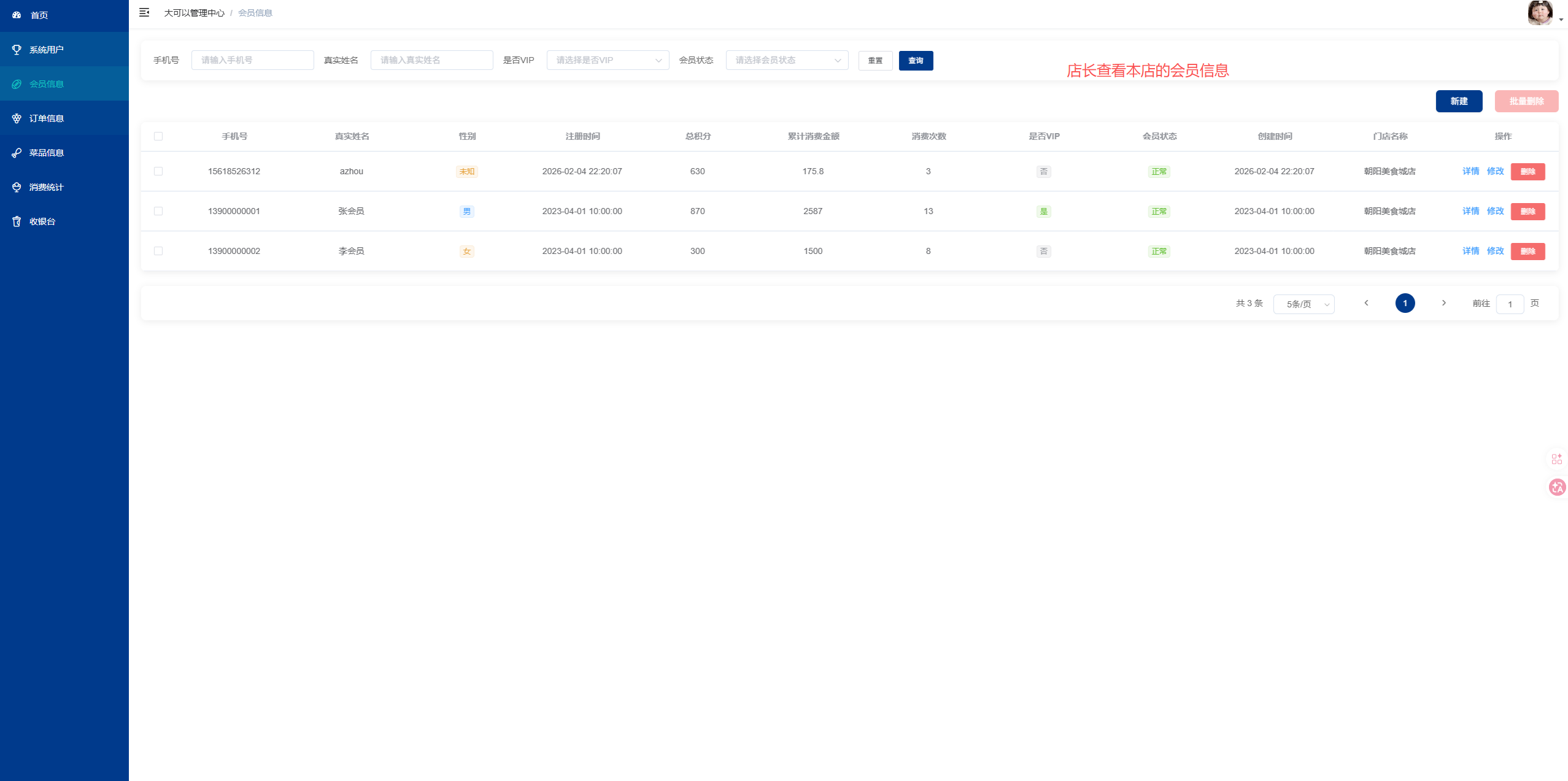会员管理页:店长查看管理本店所有会员信息