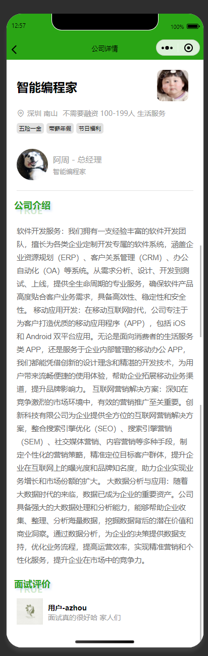 公司详情页:展示招聘企业的详细信息和用户面试评价