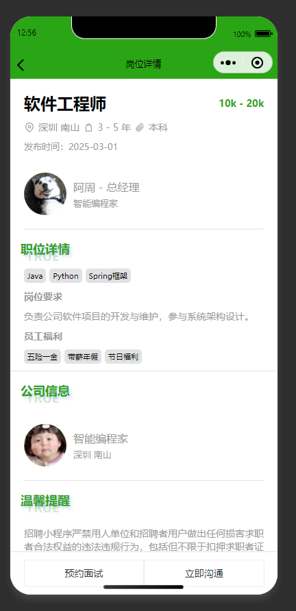 岗位详情页:展示招聘岗位与招聘企业的详细信息