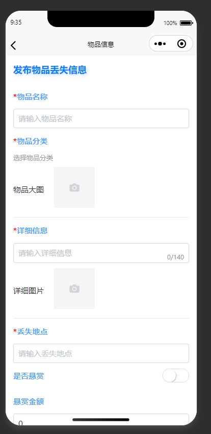 寻物信息发布页：填写丢失物品信息，发布寻物启事