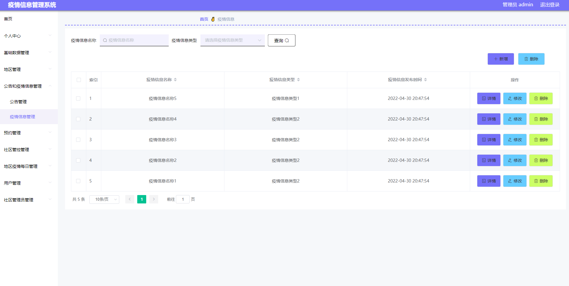 基于JAVA+SpringBoot+Vue的疫情信息管理系统 默认图片 截图 2